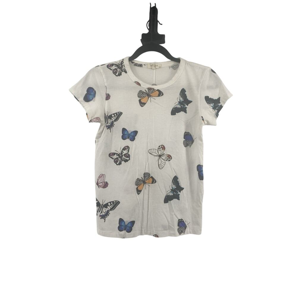 Rag & Bone Ivory Butterfly Print Tee Shirt XS 100% Organic Cotton Retail $138